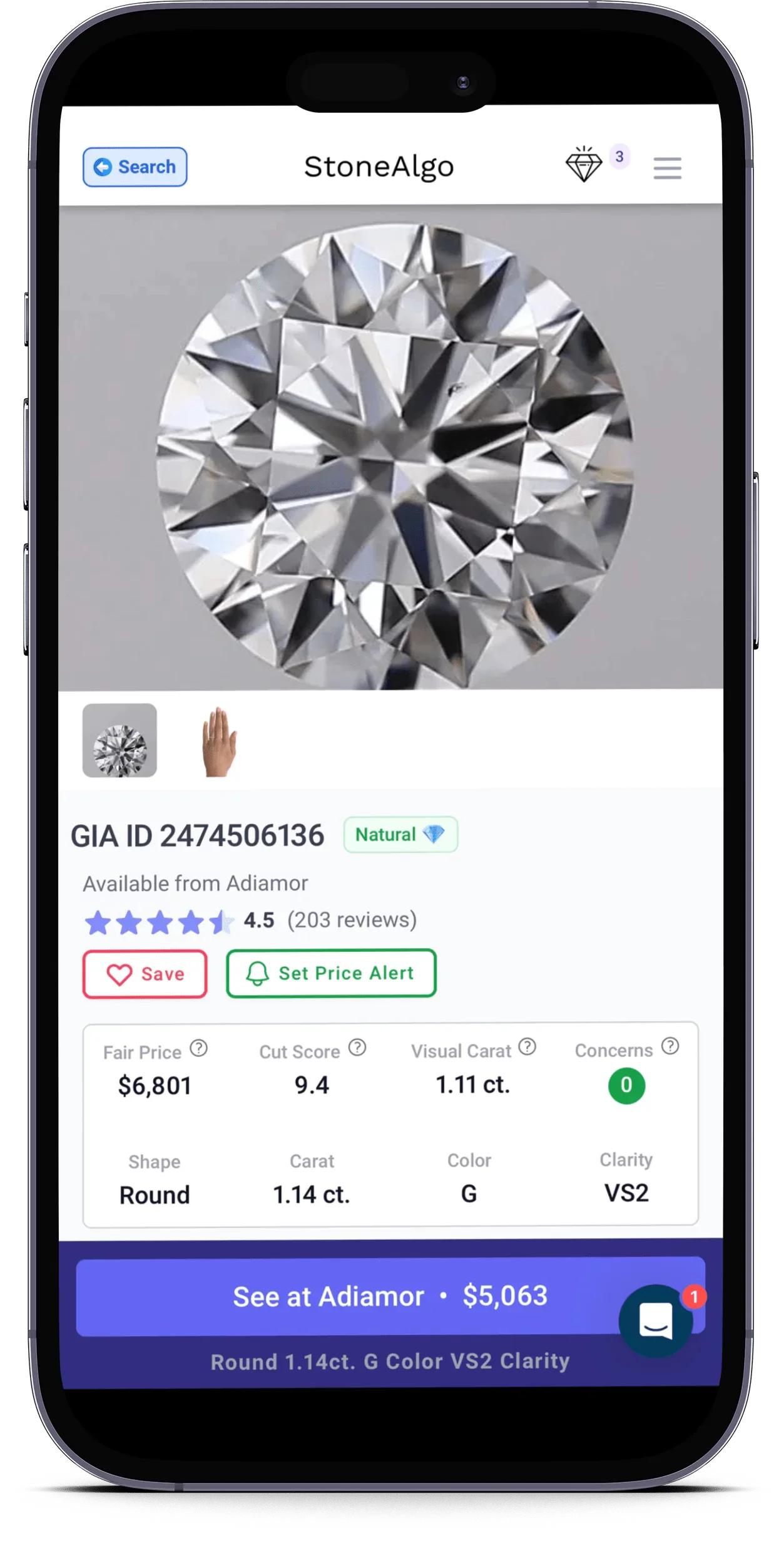 StoneAlgo diamond produce page example